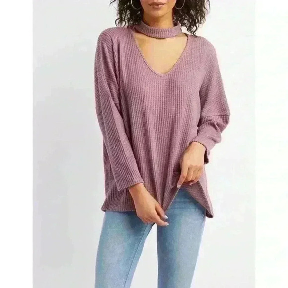 Mauve Purple Deconstructed Choker Cutout V-Neck Waffle Knit Sweater - Picture 1 of 7